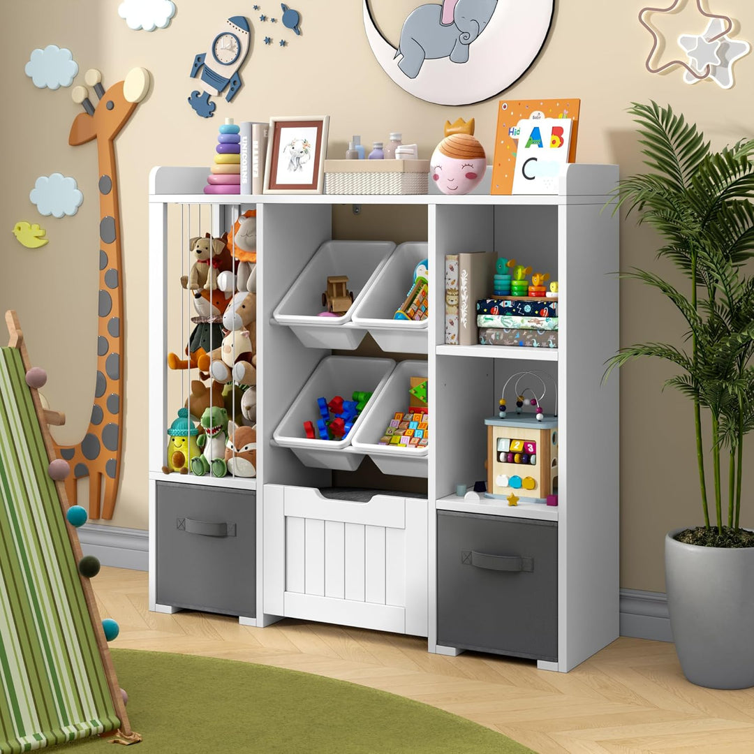 Jehiatek Kinderregal mit Stauraum-Sitzbank, Holz Spielzeugregal mit Kuscheltierfach, 2 Regalböden, 2