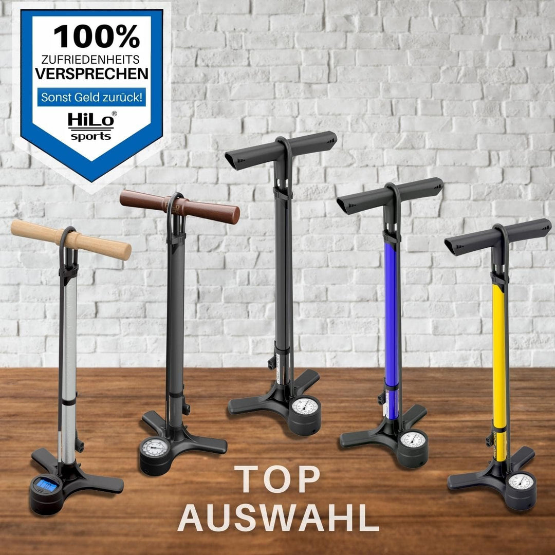 HiLo sports Fahrrad Standpumpe bis 11 bar - [Passt für alle Ventile] - Standluftpumpe mit Holz Griff