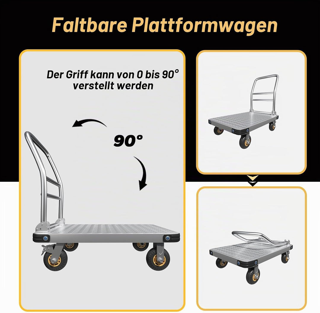 Transportwagen Klappbar 680 kg Tragfähigkeit, 78x48x91 cm Plattformwagen mit 10 cm Bremsrädern, Roll