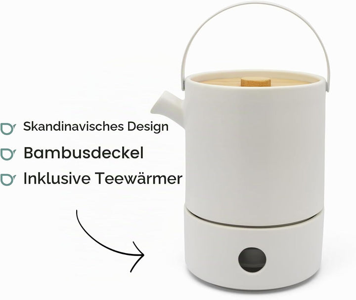 Bredemeijer weisse keramische Teekanne 1.2 Liter mit Teewärmer - isolierende Keramikkanne mit Edelst