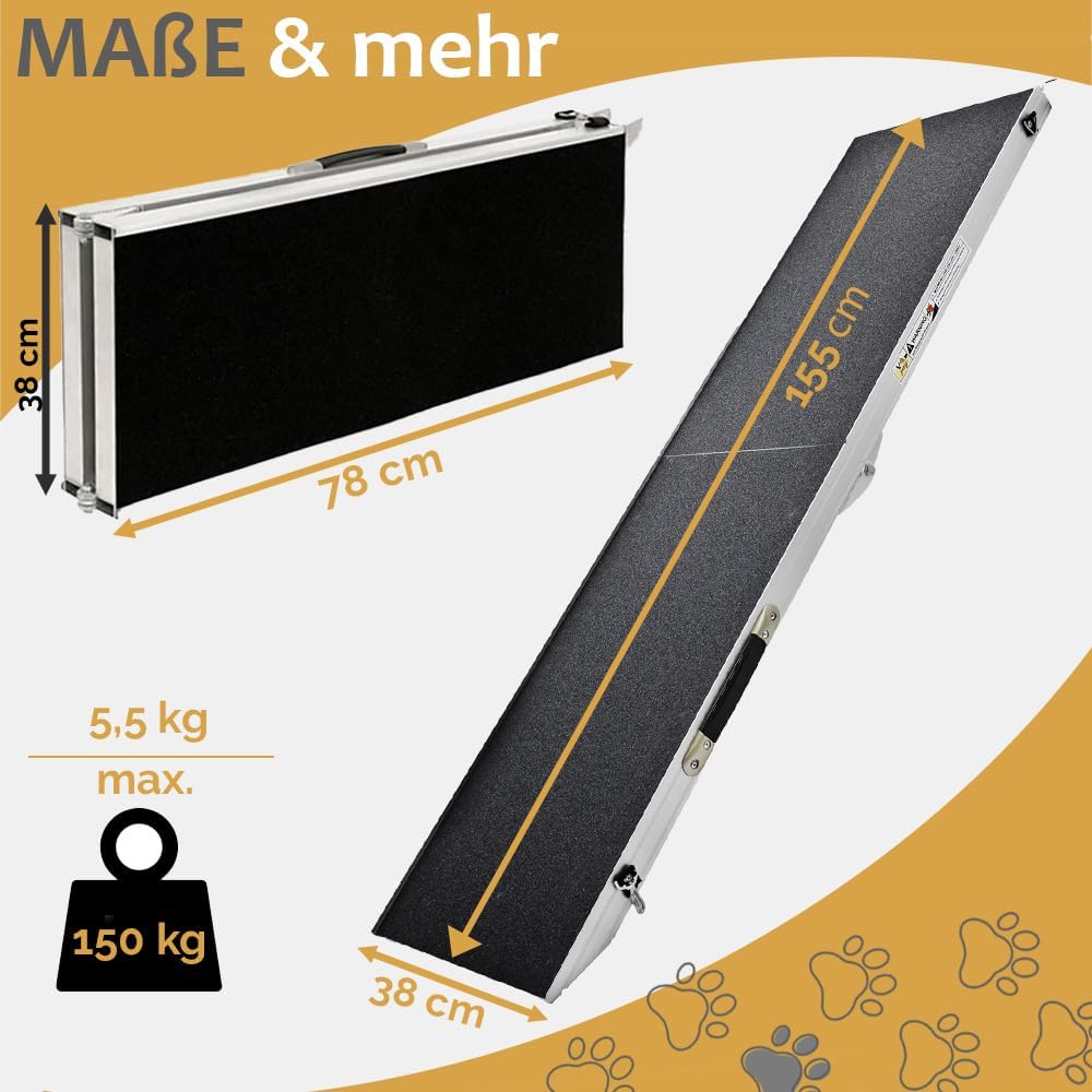 Hunderampe Hundetreppe Länge 155 cm, 150 kg Belastbarkeit Auto Kofferraum Treppen Rampe Einstiegshil