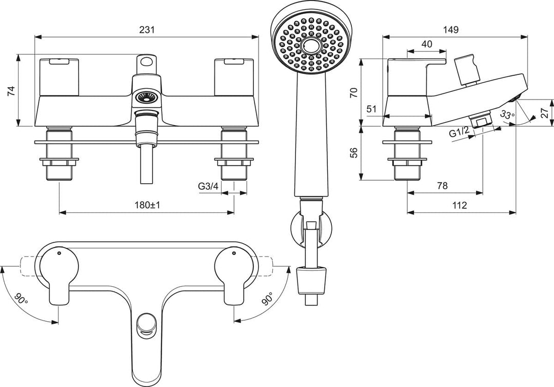 Ideal Standard B1152AA Calista Two Hole Brause und Wannenbatterie, Chrome, Dual Control Bath Shower