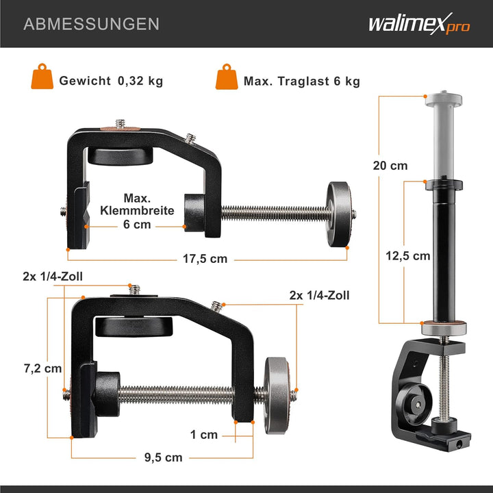 Walimex pro KX-20 Stativ Klemme – Klemmstativ, Blitzklemme, Aluminium, mit ausziehbarer Mittelsäule