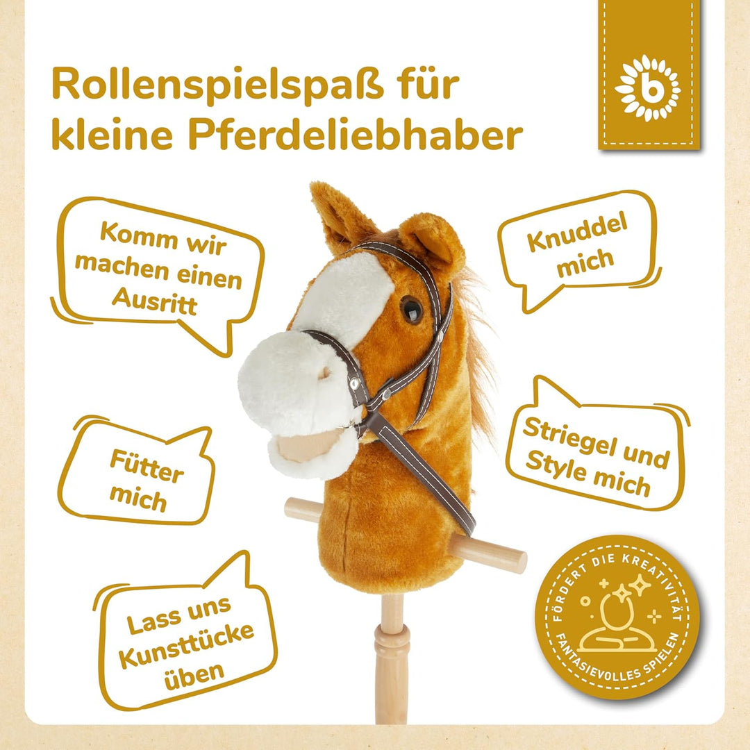 Bieco Steckenpferd Kinder Brownie | ca. 100 cm | Top Qualität | Holzpferd Draussen & Drinnen | Plüsc