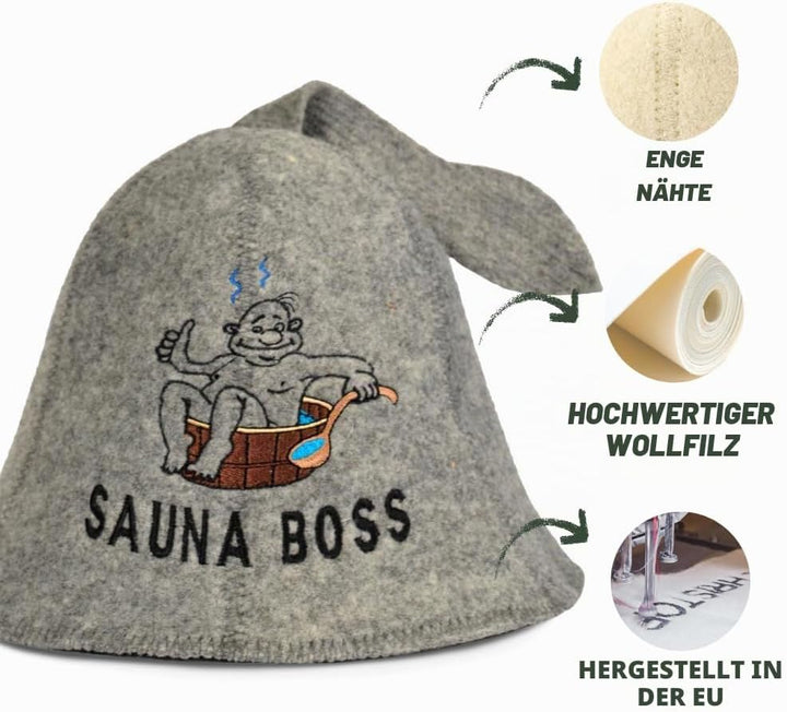 Saunahut für Damen und Herren aus Filz - Sauna Boss – Grau Saunahut für Herren und Damen aus 100Proz