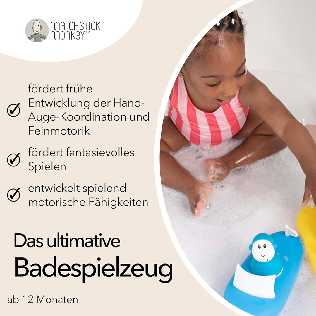 Matchstick Monkey Badewannen Boot-Set – Baby Badespielzeug, schwimmendes Boot & Wackelspielzeug, lei