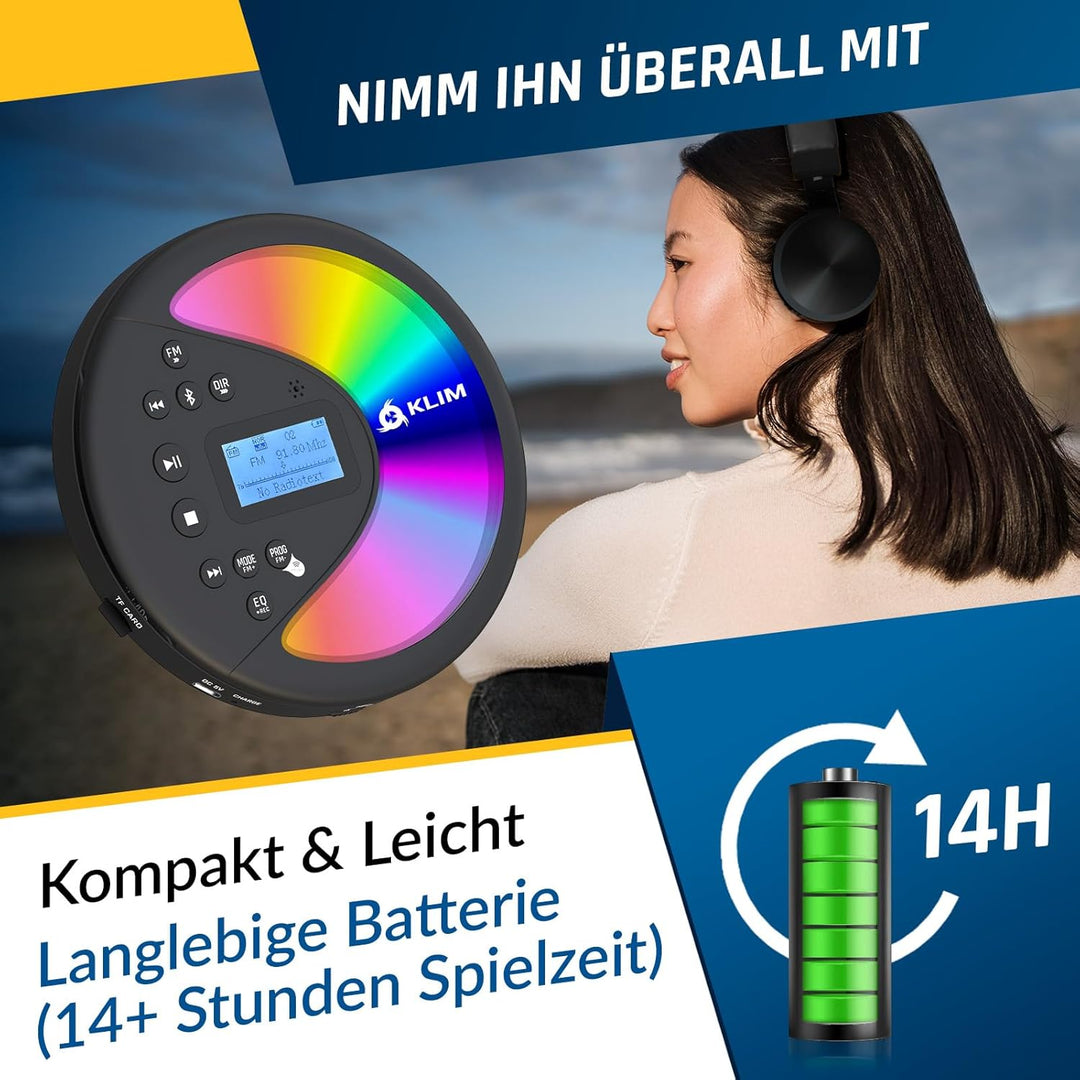 KLIM Discover Mit Kopfhörern + Tragbarer CD-Player Walkman mit langlebigem Akku + Radio FM + Kompati