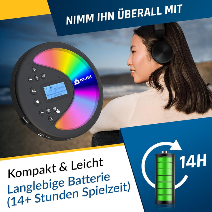 KLIM Discover Mit Kopfhörern + Tragbarer CD-Player Walkman mit langlebigem Akku + Radio FM + Kompati
