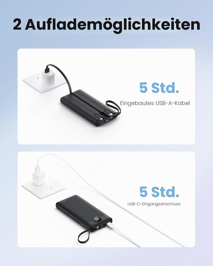 Power Bank mit Ladekabel, 10000mAh Tragbares Ladegerät USB C, 5 Ausgänge 2 Eingänge LED Display Exte