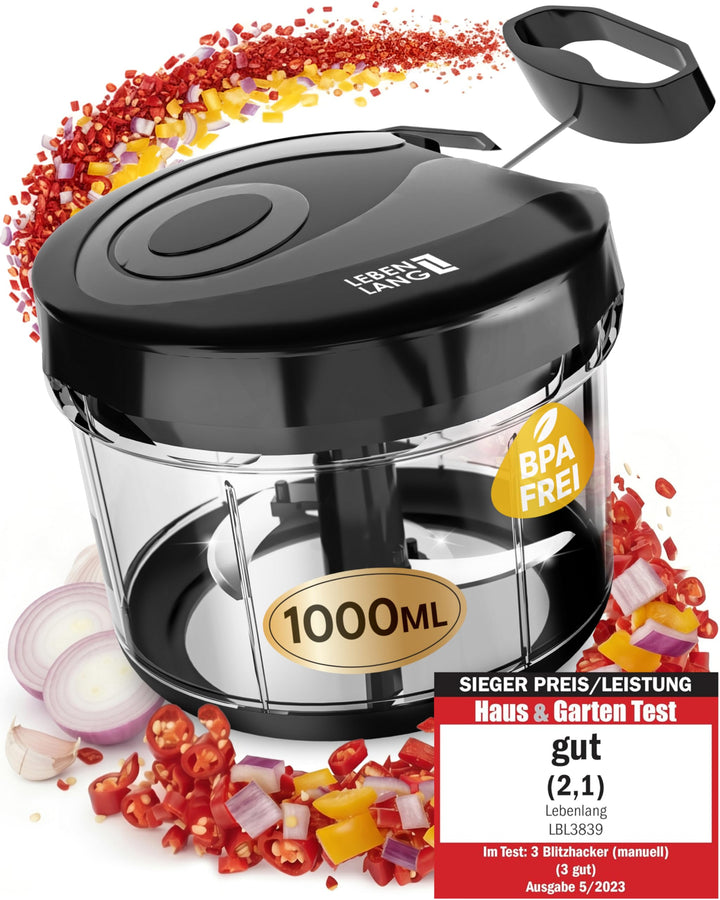 LEBENLANG Gemüse & Zwiebelschneider - 1L Obst Zerkleinerer manuell & BPA-Frei | Schwarz für Zwiebeln