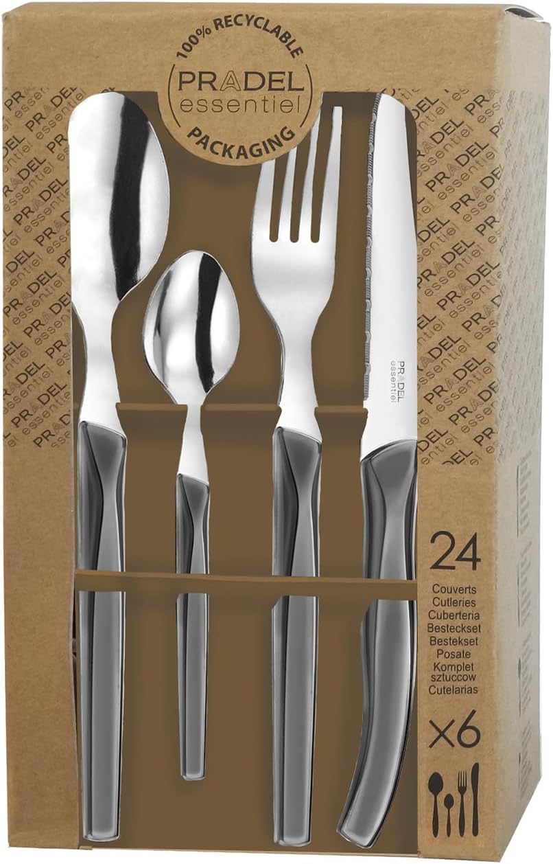 Lou Laguiole RISING SUN Besteck Set 6 Personen | 24-teilig | Grau glänzend | Essbesteck 6 Personen s