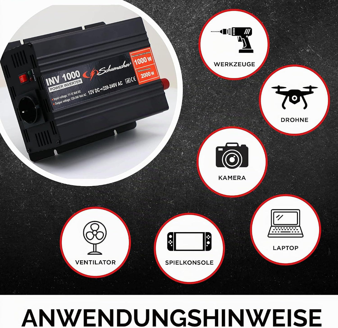 Schumacher INV 1000 Spannungswandler Modifizierter Sinus-Wechselrichter 12V DC > 230V AC - Dauerleis