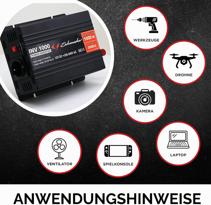 Schumacher INV 1000 Spannungswandler Modifizierter Sinus-Wechselrichter 12V DC > 230V AC - Dauerleis