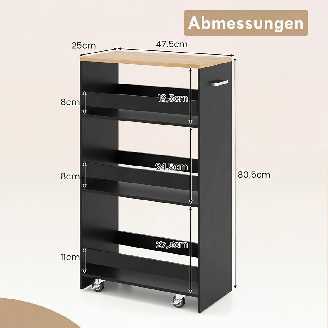 COSTWAY Nischenwagen 25cm breit, 4 Etagen Küchenwagen schmal, Nischenregal auf Rollen, Servierwagen