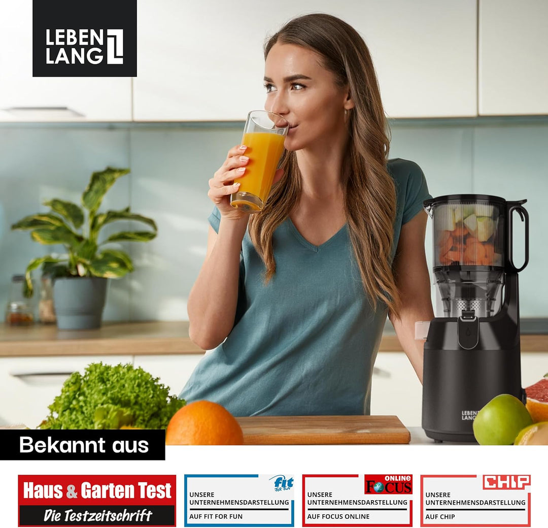 LEBENLANG Entsafter Slow Juicer - Inkl. Rezeptbuch & Grosse 130mm Öffnung I Perfekt für Obst ganze F