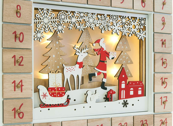BRUBAKER Adventskalender aus Holz zum Befüllen - Weihnachtsmann im Wald mit LED-Beleuchtung - Wieder