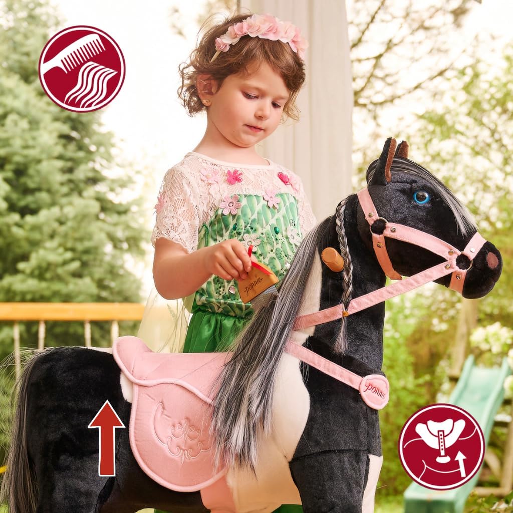 PONNIE Reitpferd mit Rollen Domino S (3-6 Jahre), Spielpferd zum Reiten mit Abnehmbarer Rosa Sattel