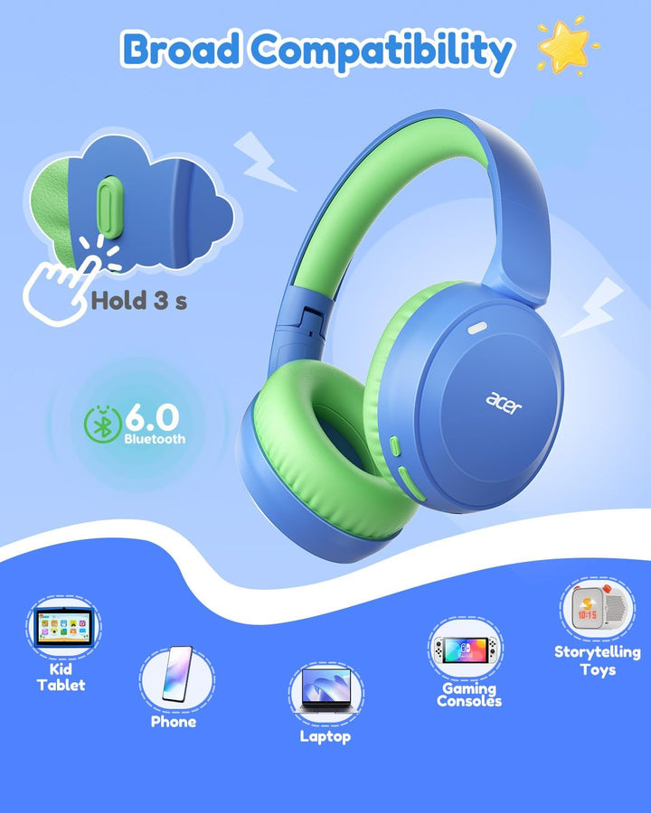 Acer Kinder Bluetooth Kopfhörer, 85/94dB Lautstärkebegrenzer, Faltbare Kabellose Over-Ear-Kopfhörer