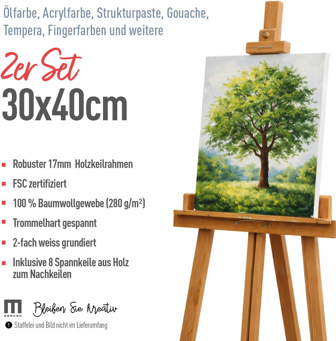 2er-Set Künstler-Leinwand zum Bemalen 30x40cm gross. Die leere, weisse Leinwand aus 100% Baumwolle i