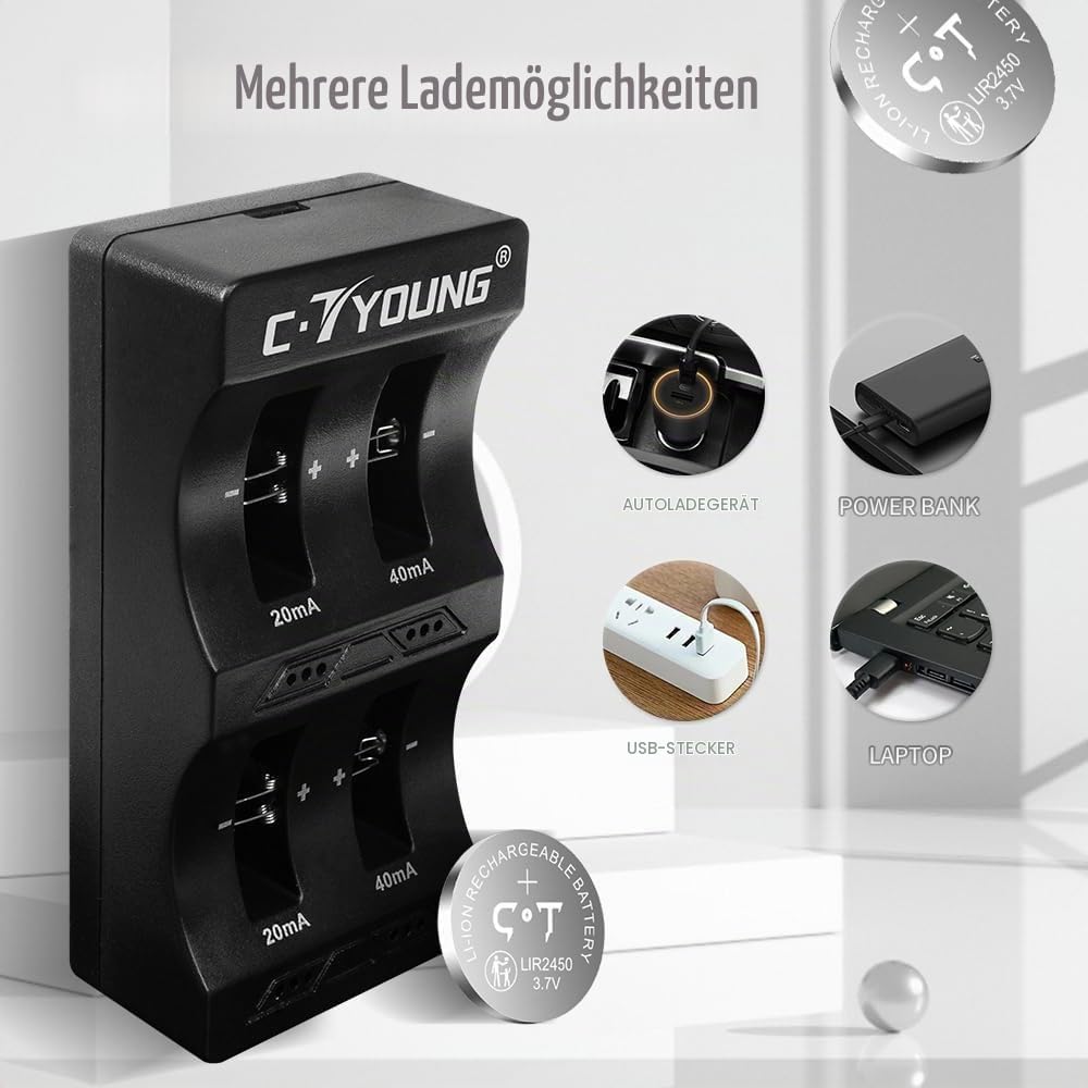 LIR2450 Lithium-Ionen-Batterien 4 Stück 3.7V wiederaufladbar mit Münzzelle-Ladegerät, das cr2450 3v
