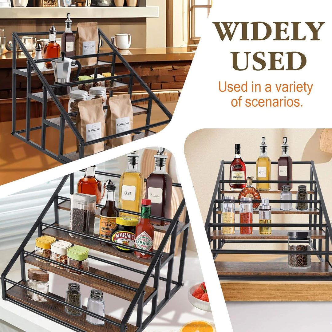 Weinständer mit Tablett, 4-Tier Regal für Spirituosenflaschen mit Zäune,Schnapsflasche Display Regal