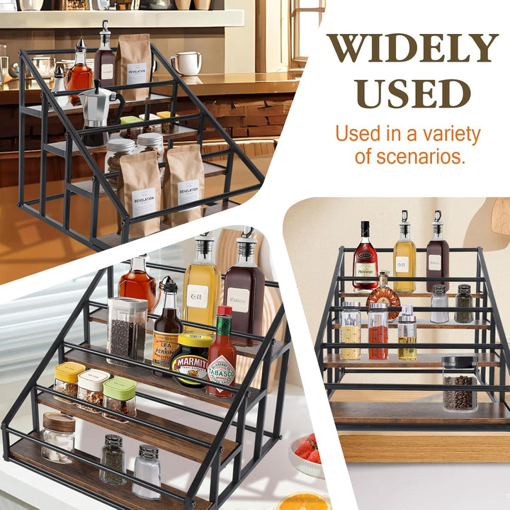 Weinständer mit Tablett, 4-Tier Regal für Spirituosenflaschen mit Zäune,Schnapsflasche Display Regal