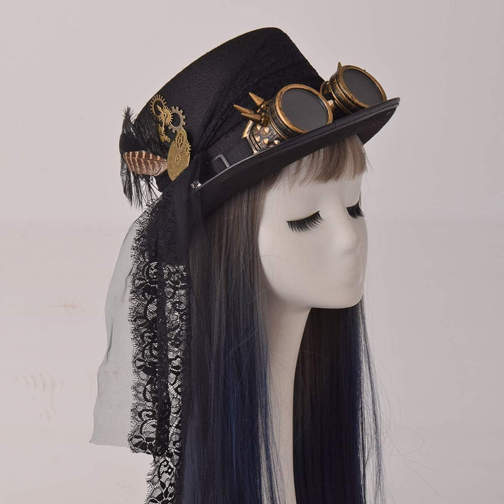 COSDREAMER Unisex Steampunk Zylinderhut Halloween Kostüm Hut mit Brille schwarz (Schwarz, Large) Sch