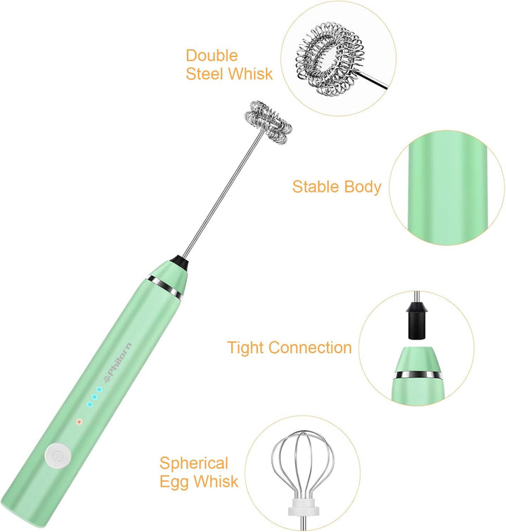 Philorn Milchaufschäumer Stab, Milchaufschäumer Elektrisch Stab Hand Held, 3-Gang USB Aufladbar Aufs