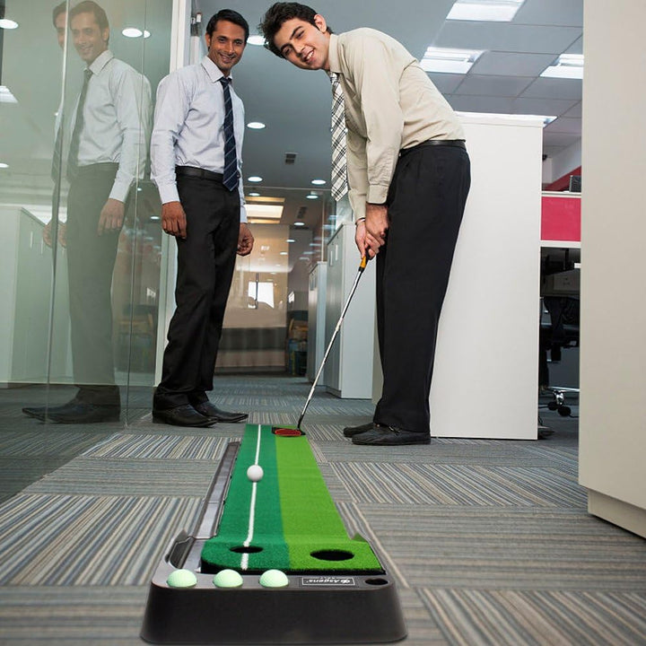 Minigolf für zuhause, Putting Matte mit Auto-Rückkehr & Kunstrasen – Minigolf Set mit 3 Golfbällen,