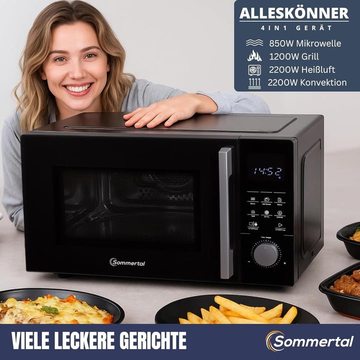 4in1 Mikrowelle Schwarz - Grill, Heissluft-Fritteuse, Konvektion -2200 W, 8 Programme, 60 Min Timer,