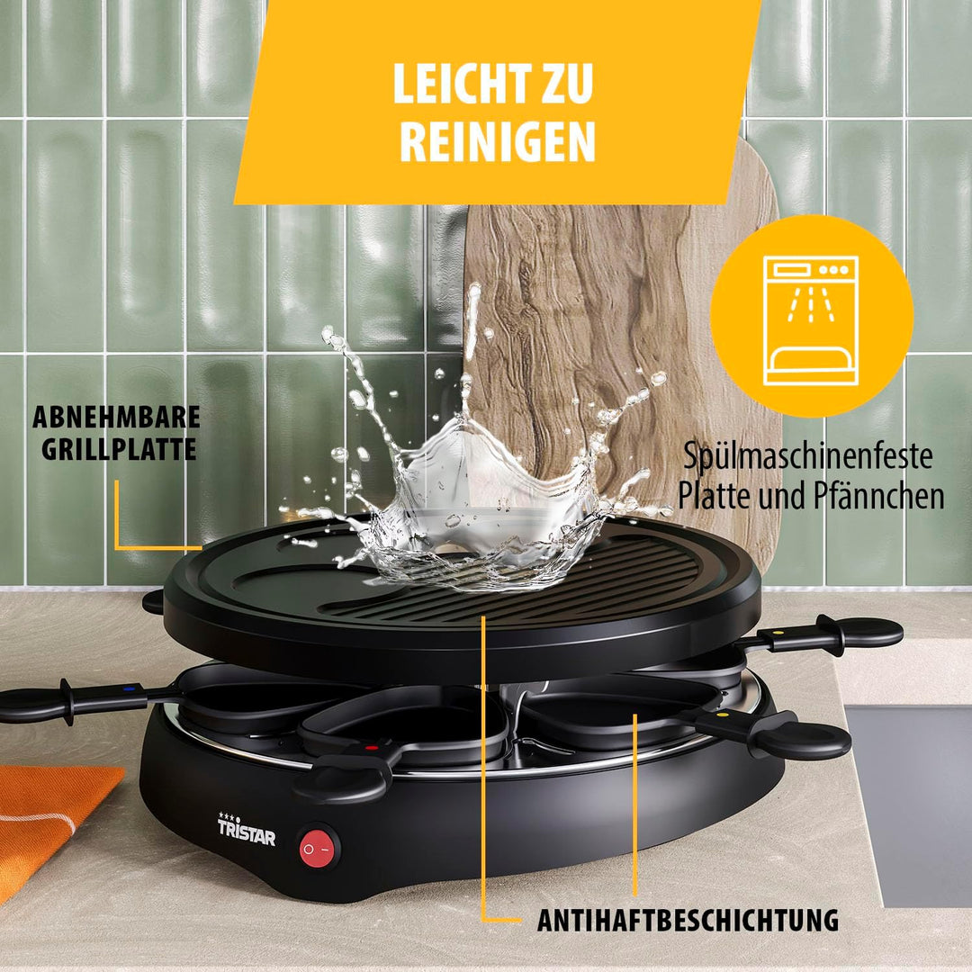 Tristar Raclette für bis zu 6 Personen mit 6 Pfännchen und Crêpe-und Grill-Bereich/Durchmesser 29 cm