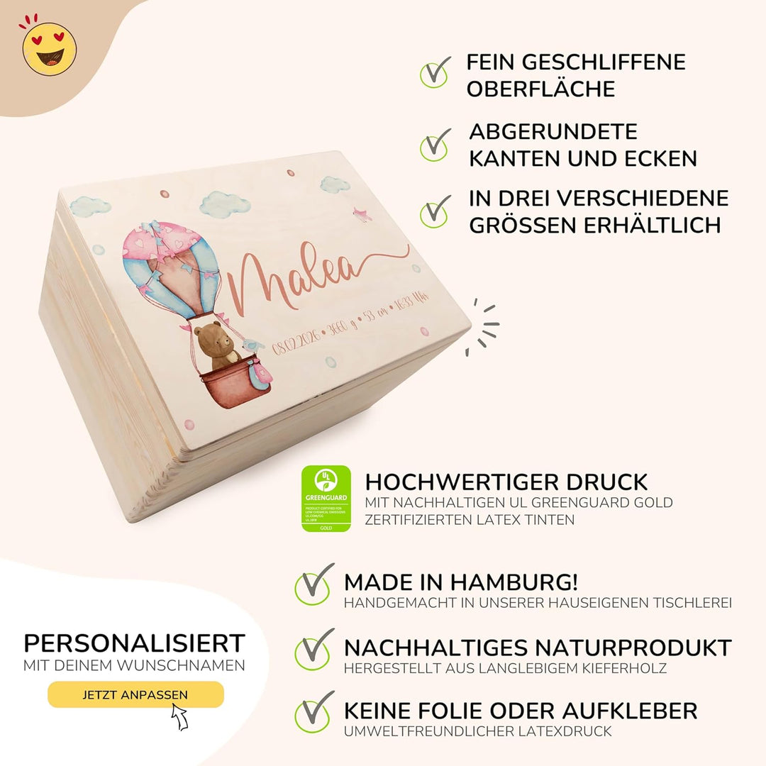 KIDSMOOD - Erinnerungsbox Baby, personalisierte Holzkiste mit Deckel, Ideal zur Aufbewahrung von Eri