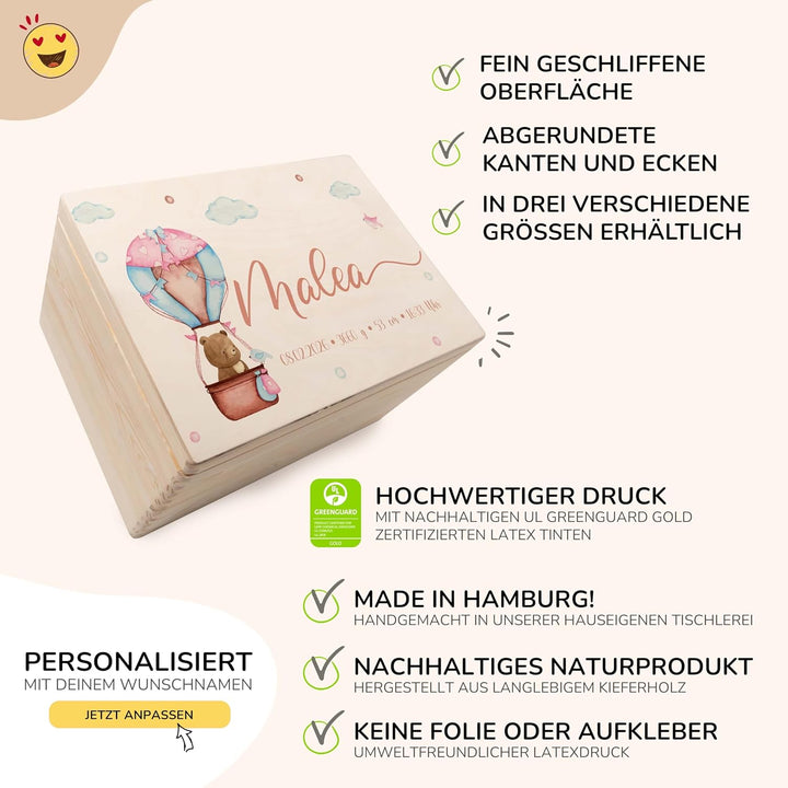 KIDSMOOD - Erinnerungsbox Baby, personalisierte Holzkiste mit Deckel, Ideal zur Aufbewahrung von Eri
