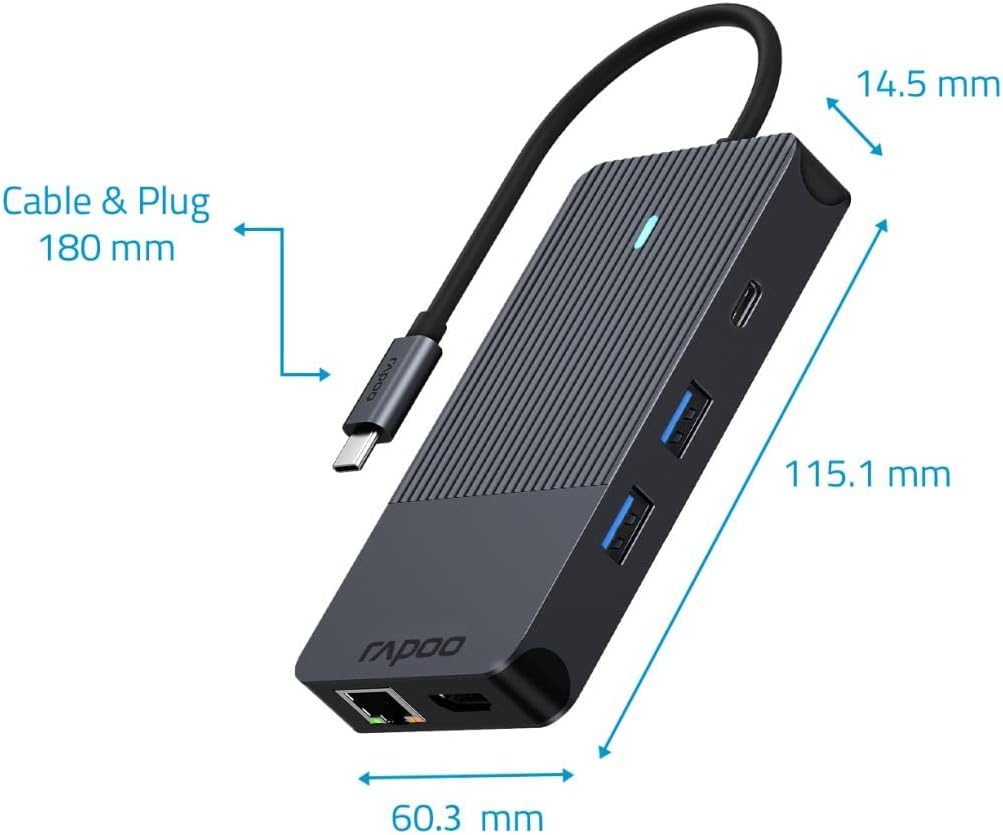 Rapoo UCM-2005 USB-C Multiport Adapter 10-in-1, 100W Power Delievery, 2x 4K HDMI, 1 Gbps LAN, 1 USB-