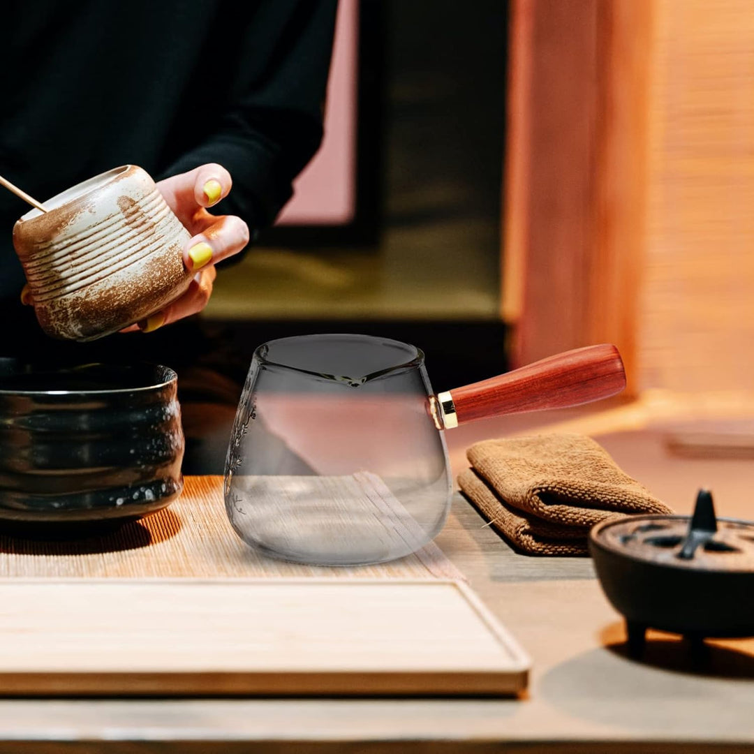 Cabilock Mini-Sauce Glas Teekanne Teekessel Einhand Glaskanne mit Holzgriff Chinesische Teekanne Was