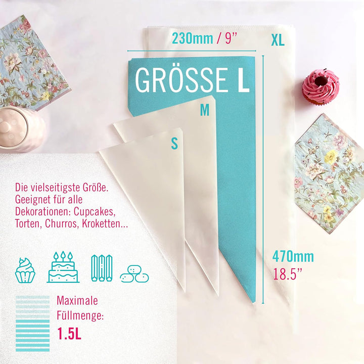 CukkiCakes 100 Stück Profi Einweg Spritzbeutel (Grösse: 30cm/40cm/47cm/53cm) - 100% Recycelbar - Ext