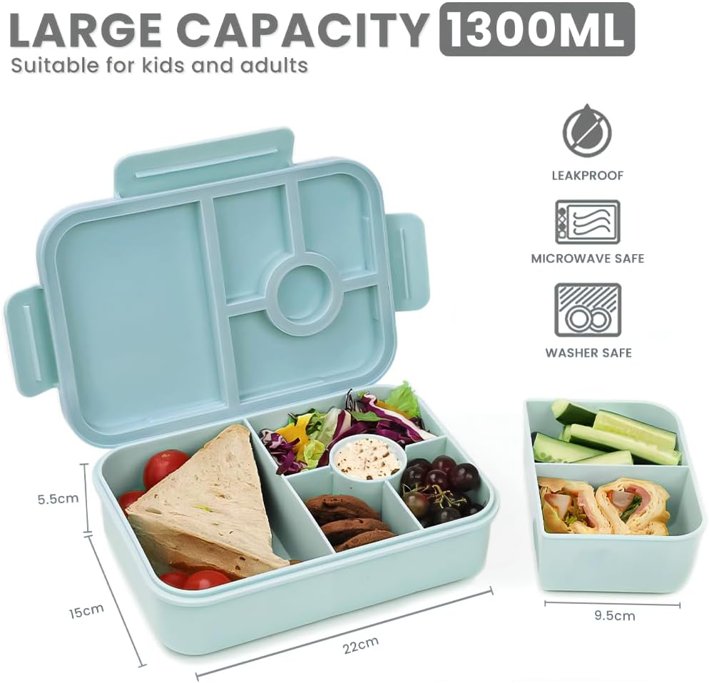 Bugucat Lunchbox Kinder 1300ML 2Set, Brotdose Kinder mit 5 Fächern Bento Box Brotdosen mit Besteckse