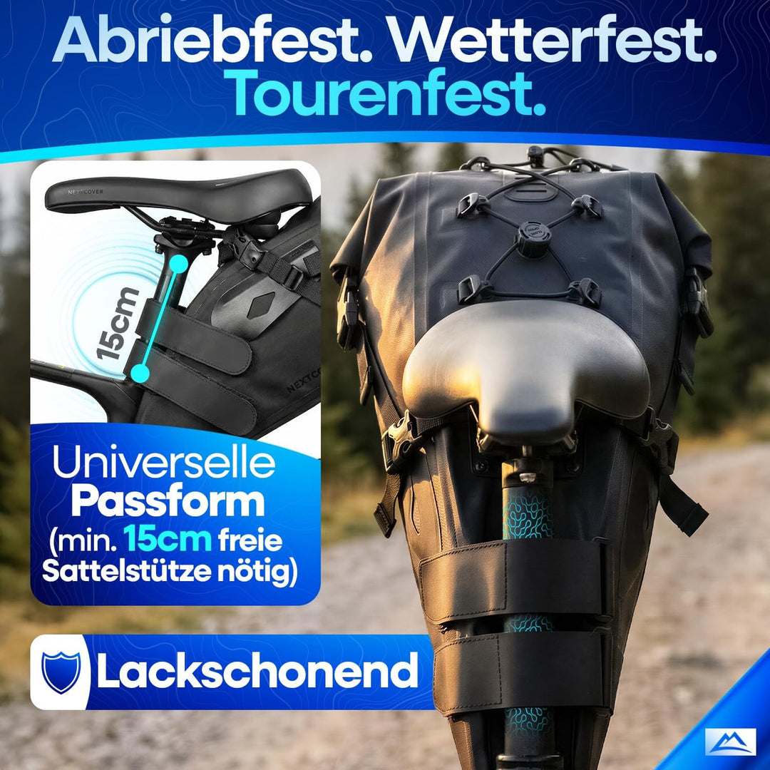 Nextcover® Bikepacking Satteltasche [12 Liter] I Fahrradtasche Sattel I 100% Wasserdicht Dank AquaSh