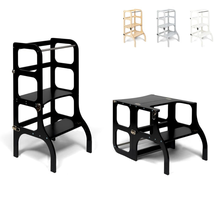 Ette Tete STEP'n'SIT® • Wandelbare Montessori Lernturm + Tisch, 2 in 1 (mit Silberverschlüssen, Schw