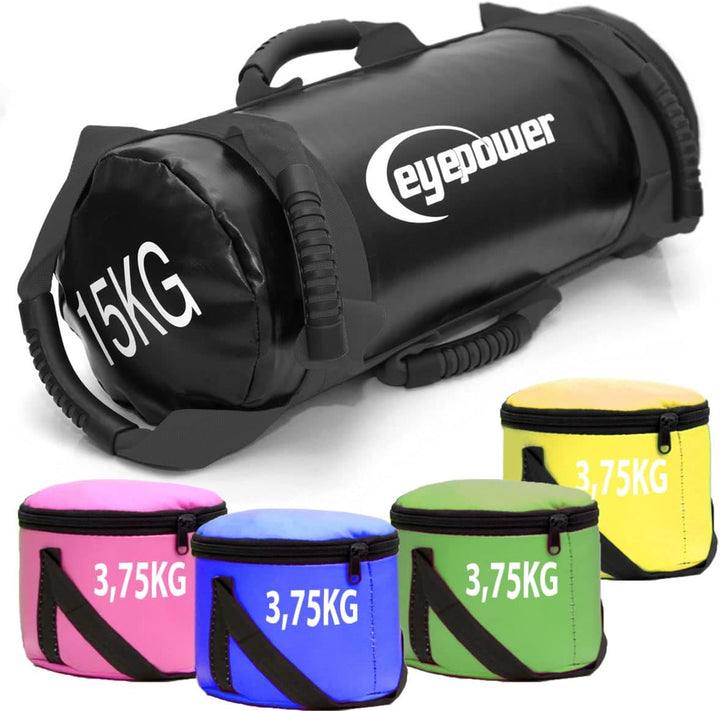 EYEPOWER 15kg Power Bag + 4 Kettlebell Gewichte - Befüllt mit Eisensand - Besser als Geräte: 6 Griff