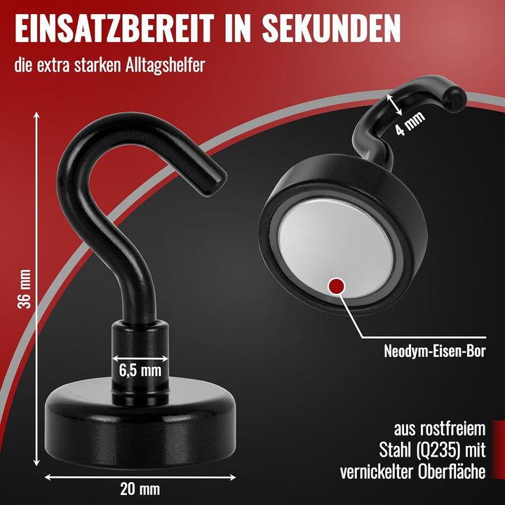 POPPSTAR 20 Stück Magnethaken schwarz klein (Haftkraft 12 kg, Länge 4cm, Durchmesser 2 cm) Neodym Mi