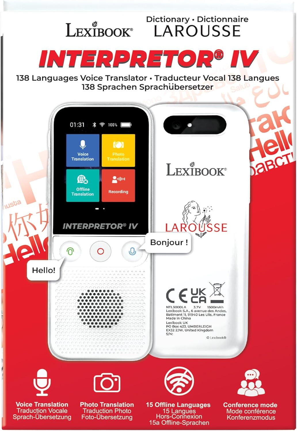 Lexibook, Larousse, Interpretor IV®, Sprachübersetzer 138 Sprachen, Sprach- und Fotoübersetzung, 15