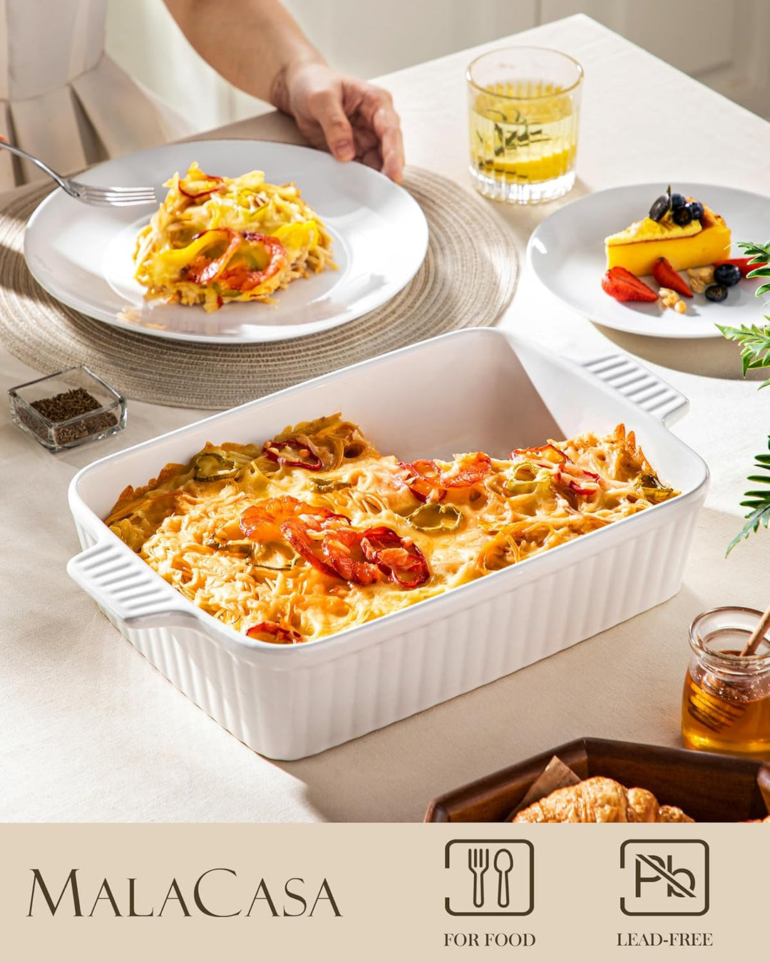 MALACASA Auflaufform Gross, 40 cm Rechteckig Ofenform mit Griffen für 4-6 Personen(4 L), Tiefe Bakin
