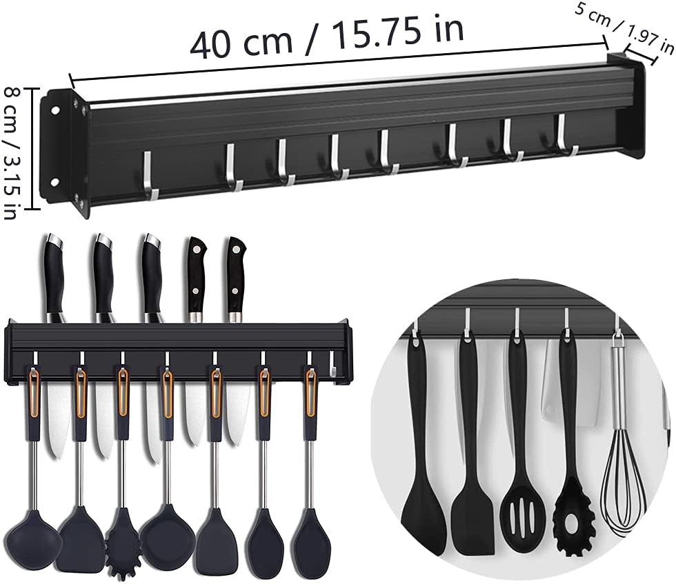 Hakenleiste Küche, Küchenhalterung Ohne Bohren mit Haken, Messerblock Ohne Messer, Küchenreling mit