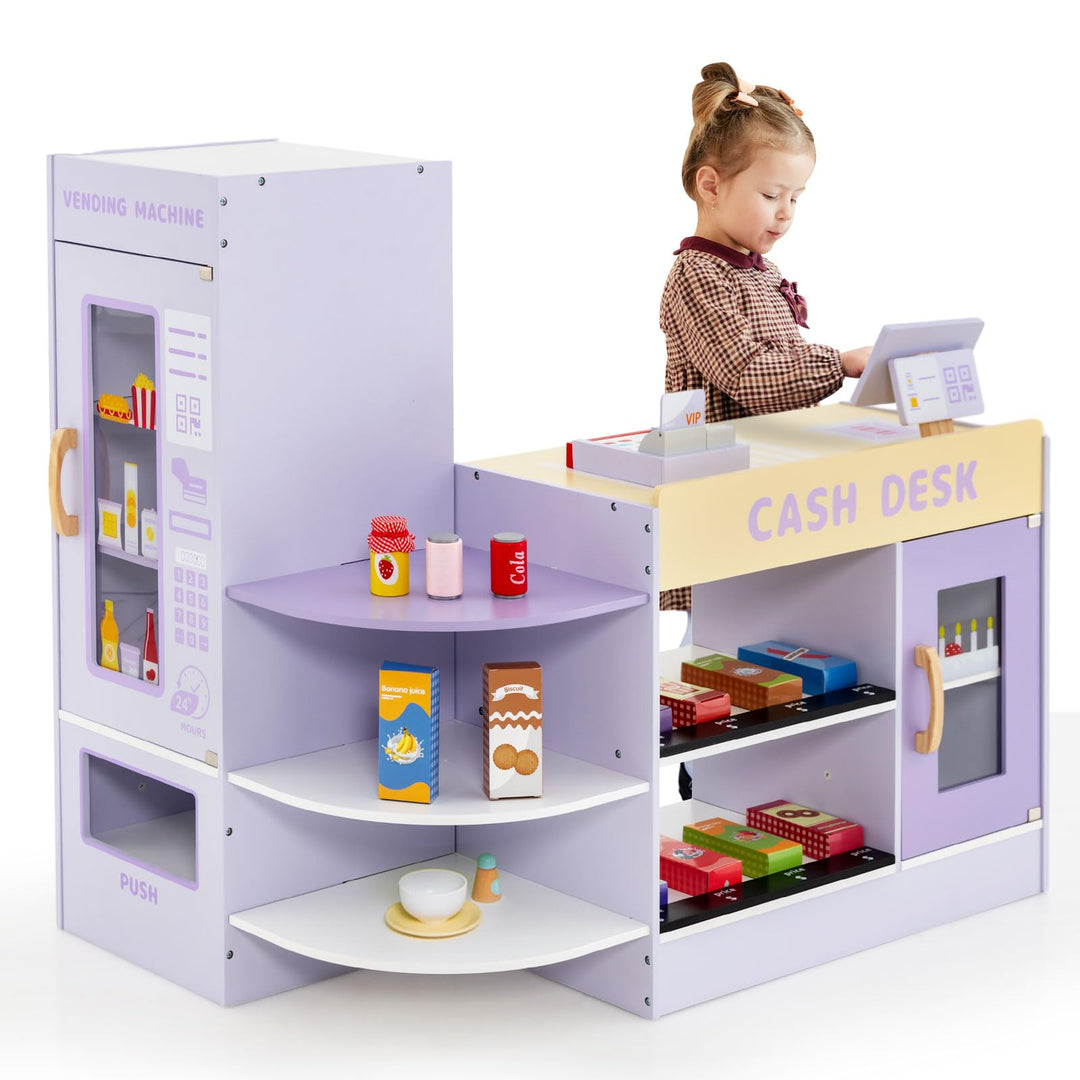 GOPLUS Kinder Kaufladen, Supermarkt aus Holz, Kaufmannsladen mit mit Kasse, POS-Automat & Verkaufsau