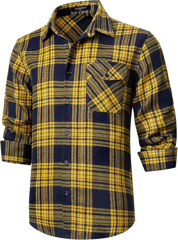 HISDERN Herren Hemd Checked Flanell Shirt, Herren Langarm Oberteil für Männer mit Brusttaschen, Butt