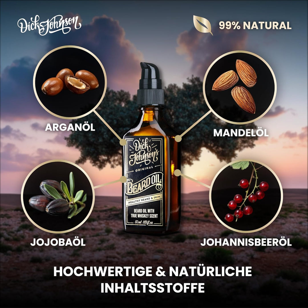 Dick Johnson Beard Oil True Whiskey | Bartöl für Männer | Bart Weichmacher mit Johannisbeersamenöl,
