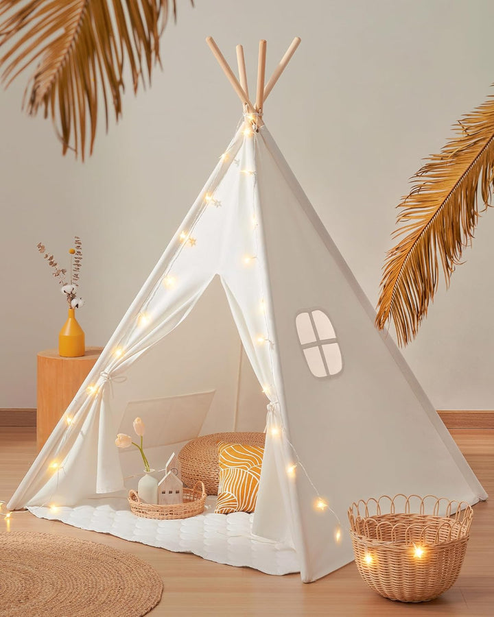 Tiny Land Tipi Spielzelt für Kinder mit Gepolsterter Decke & Lichterkette & Aufbewahrungstasche Baum