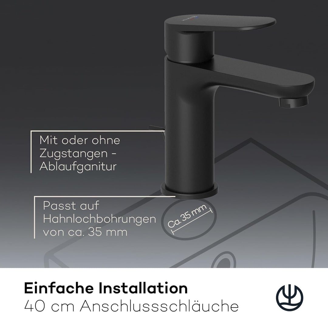 KLUDI-X1 Waschtischarmatur mit Zugstangen-Ablauf, Auslaufhöhe 95 mm, wassersparender Wasserhahn Bad