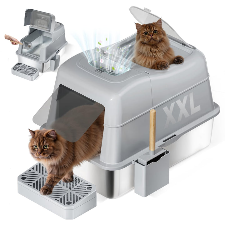 XXL Edelstahl Katzenklo mit Deckel, 110° Flip-Cover Design Geschlossen Katzentoilette aus Edelstahl,